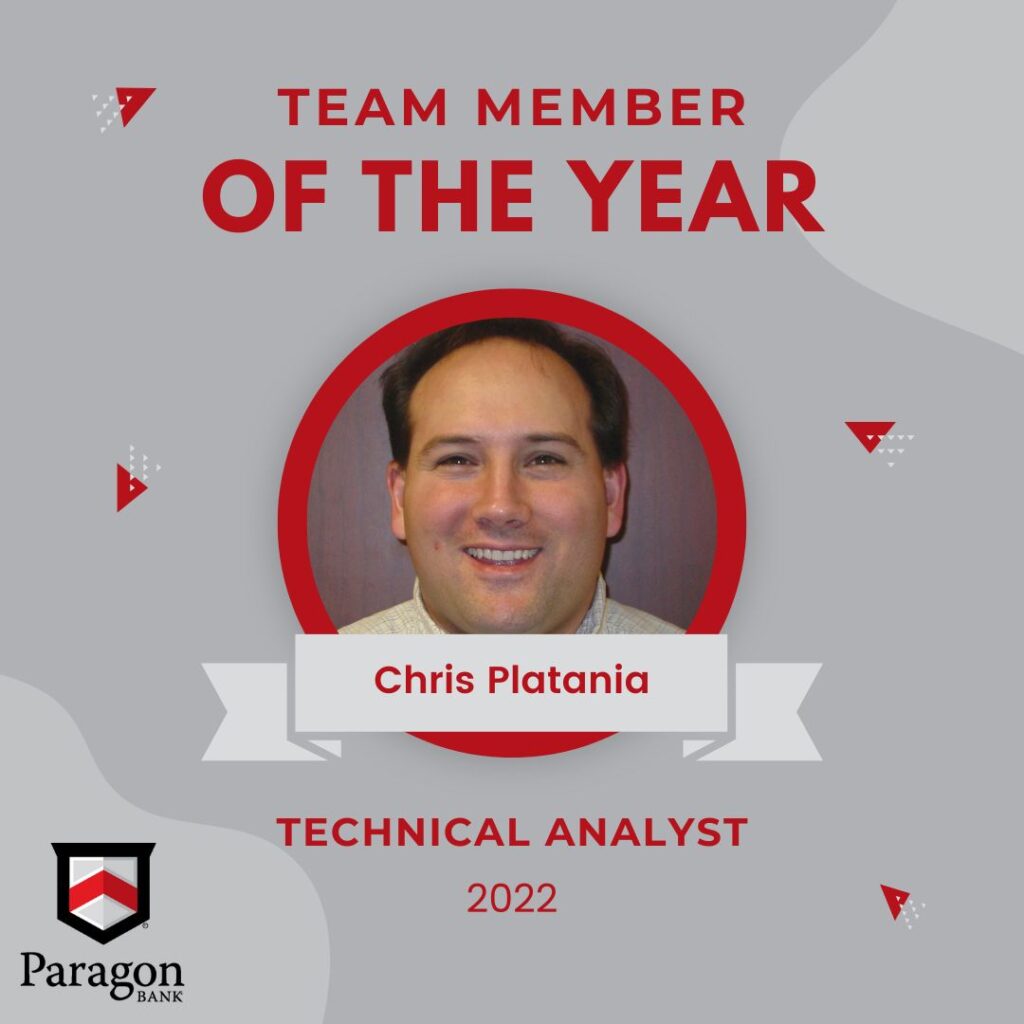 A gray and red graphic congratulates Chris Platania on being named Paragon Bank's Team Member of the Year for 2022.